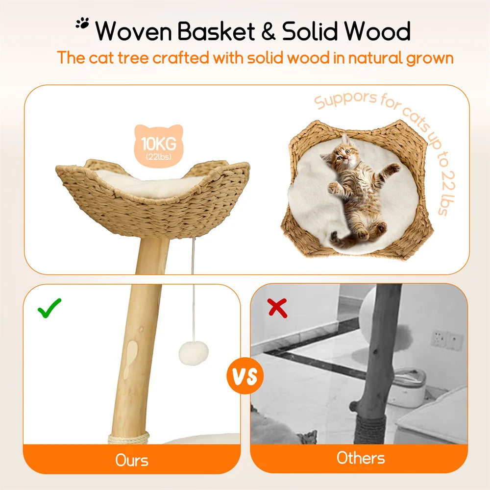 Heavy Duty Wooden Cat Tree Tower Scratching Post Branches Plush Cushion Perches Condo and Dangling Ball for Cats Play and Sleep - Your Healthy Version