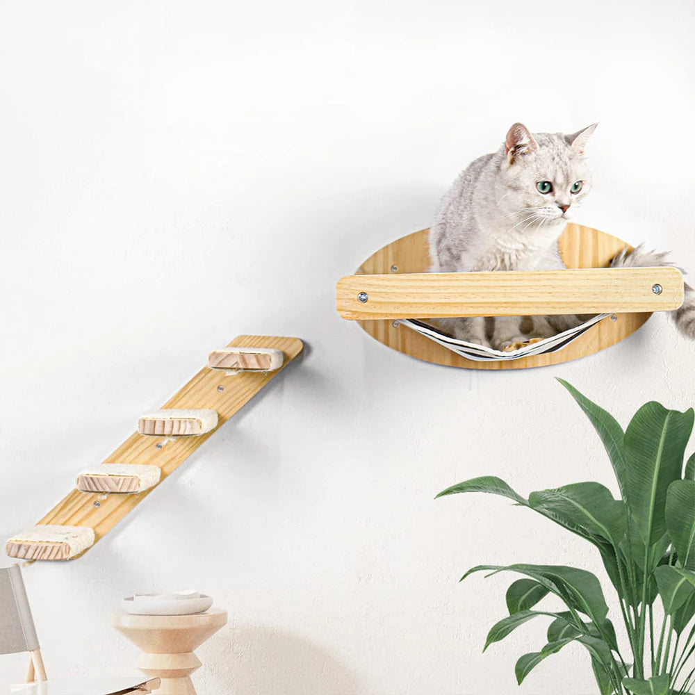 3Pcs Cat Hammock with Four Step Sisal Stairways or Scratching Posts Set Wall Mounted Wooden Cats Furniture Climbing Shelf Perch - Your Healthy Version