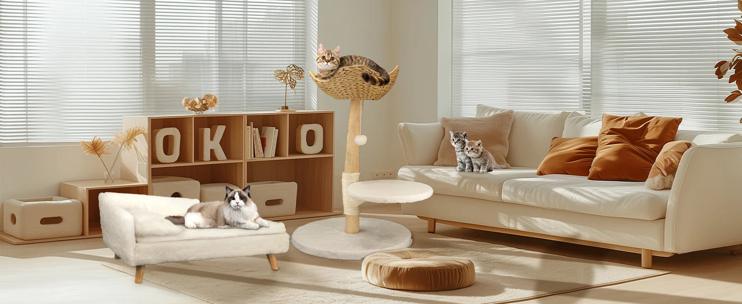 Heavy Duty Wooden Cat Tree Tower Scratching Post Branches Plush Cushion Perches Condo and Dangling Ball for Cats Play and Sleep - Your Healthy Version