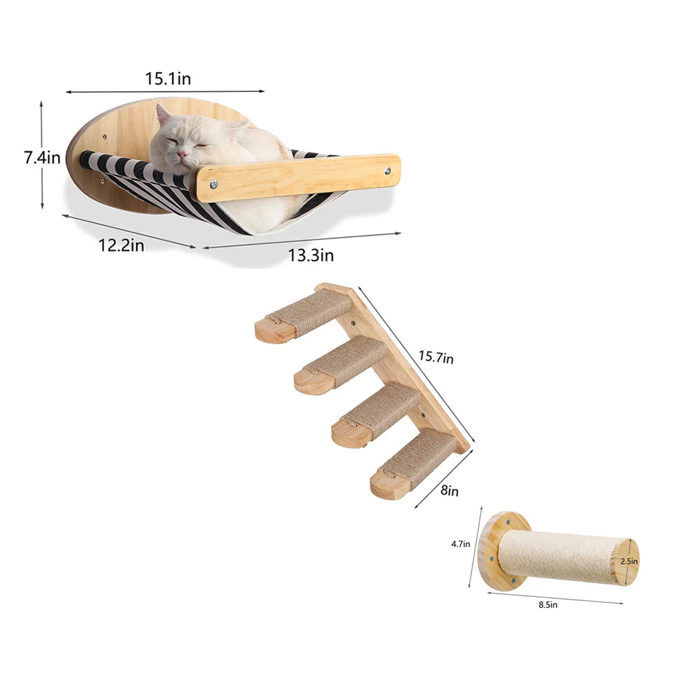 3Pcs Cat Hammock with Four Step Sisal Stairways or Scratching Posts Set Wall Mounted Wooden Cats Furniture Climbing Shelf Perch - Your Healthy Version