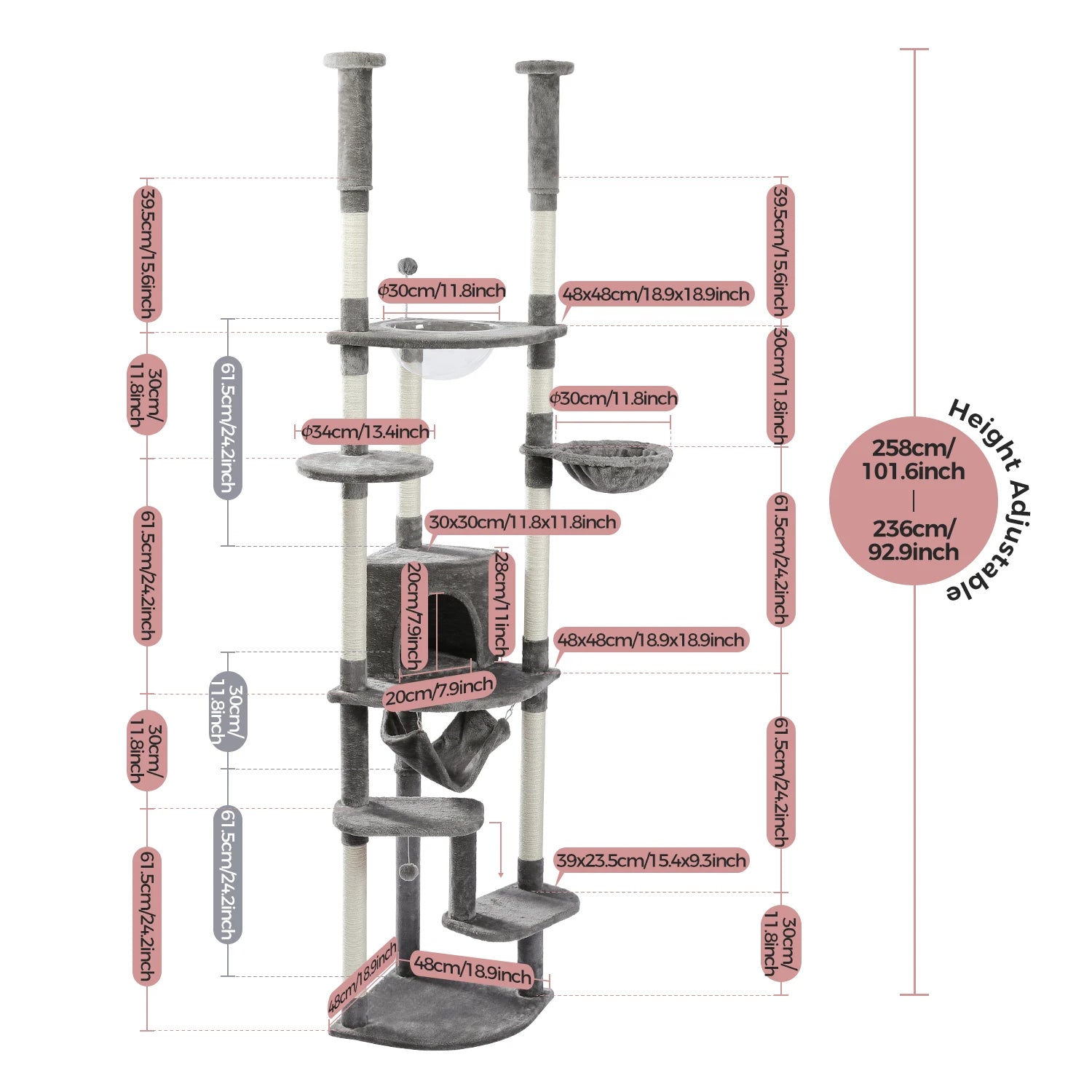 Floor to Ceiling Cat Tree Adjustable Cat Tower Tall Kitty Climbing Play House with Scratching Posts Cozy Condo Perches Hammock - Your Healthy Version