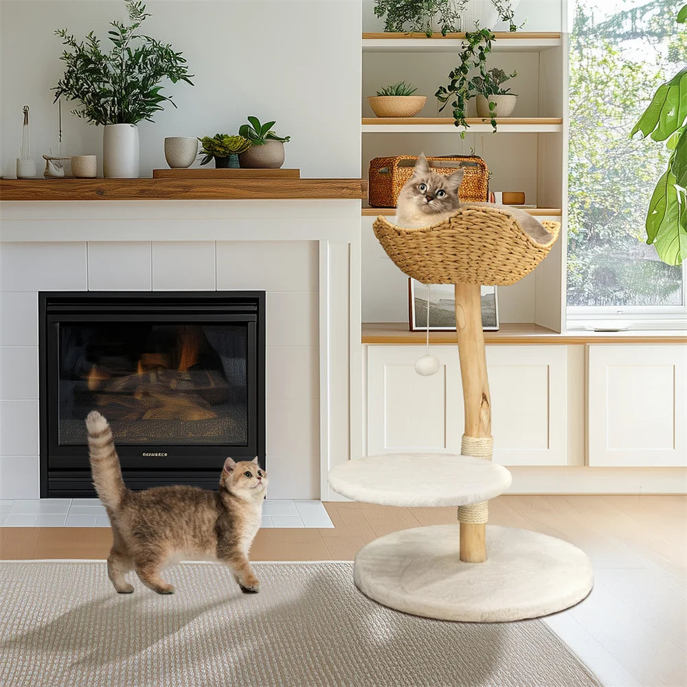 Heavy Duty Wooden Cat Tree Tower Scratching Post Branches Plush Cushion Perches Condo and Dangling Ball for Cats Play and Sleep - Your Healthy Version
