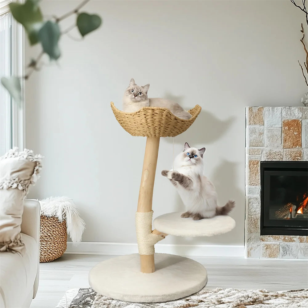 Heavy Duty Wooden Cat Tree Tower Scratching Post Branches Plush Cushion Perches Condo and Dangling Ball for Cats Play and Sleep - Your Healthy Version