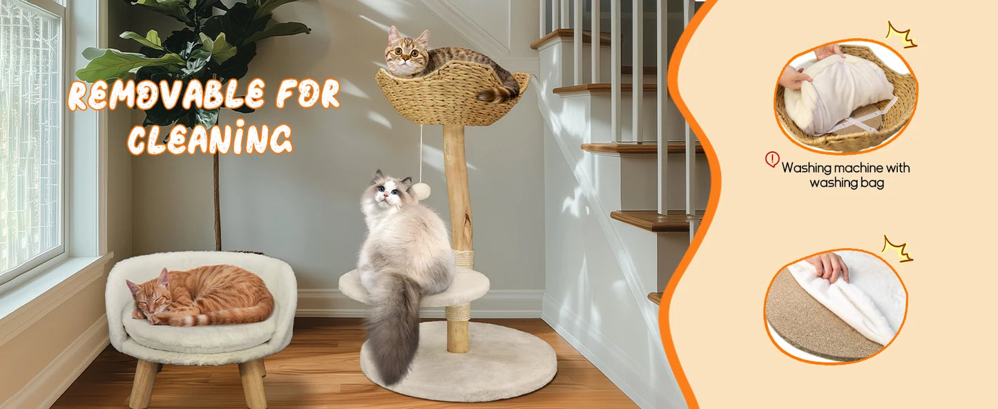 Heavy Duty Wooden Cat Tree Tower Scratching Post Branches Plush Cushion Perches Condo and Dangling Ball for Cats Play and Sleep - Your Healthy Version