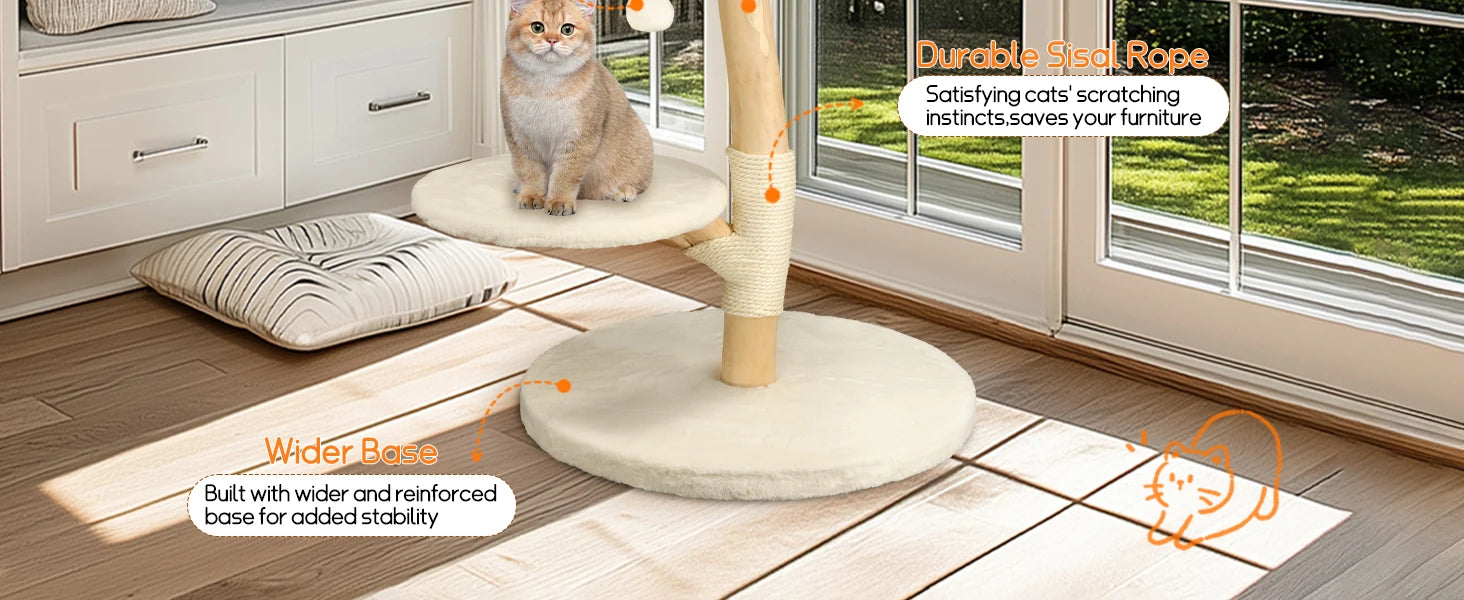 Heavy Duty Wooden Cat Tree Tower Scratching Post Branches Plush Cushion Perches Condo and Dangling Ball for Cats Play and Sleep - Your Healthy Version