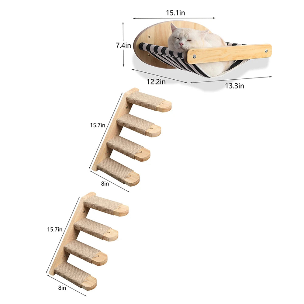 3Pcs Cat Hammock with Four Step Sisal Stairways or Scratching Posts Set Wall Mounted Wooden Cats Furniture Climbing Shelf Perch - Your Healthy Version