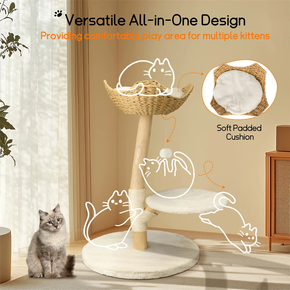 Heavy Duty Wooden Cat Tree Tower Scratching Post Branches Plush Cushion Perches Condo and Dangling Ball for Cats Play and Sleep - Your Healthy Version