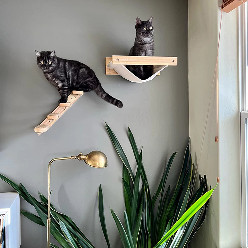 3Pcs Cat Hammock with Four Step Sisal Stairways or Scratching Posts Set Wall Mounted Wooden Cats Furniture Climbing Shelf Perch - Your Healthy Version