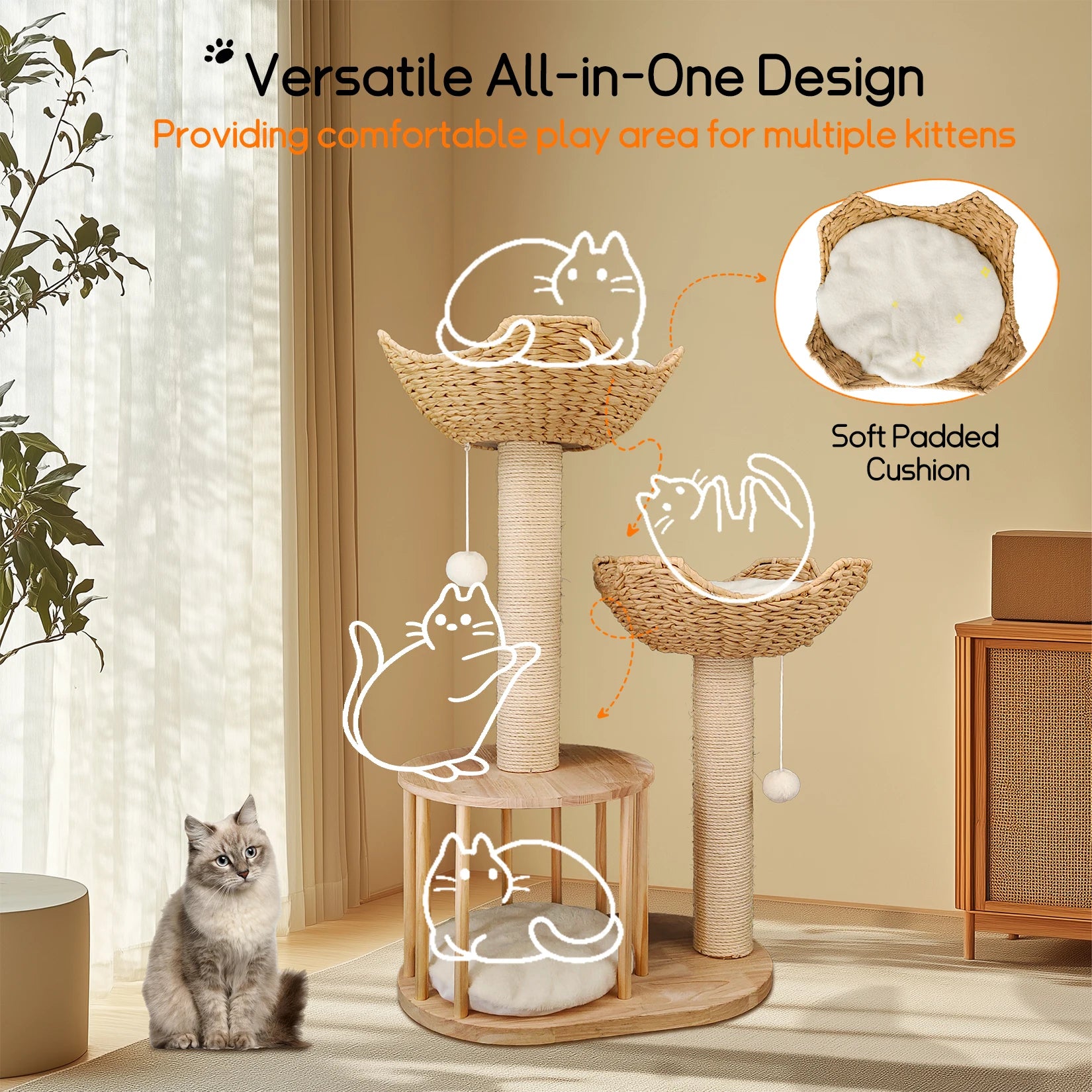 3-Tier Cat Tree Padded Plush Napping Perches Kitten Condo Sisal Rope Scratching Posts and Hanging Toy Tower for Indoor Kitties - Your Healthy Version