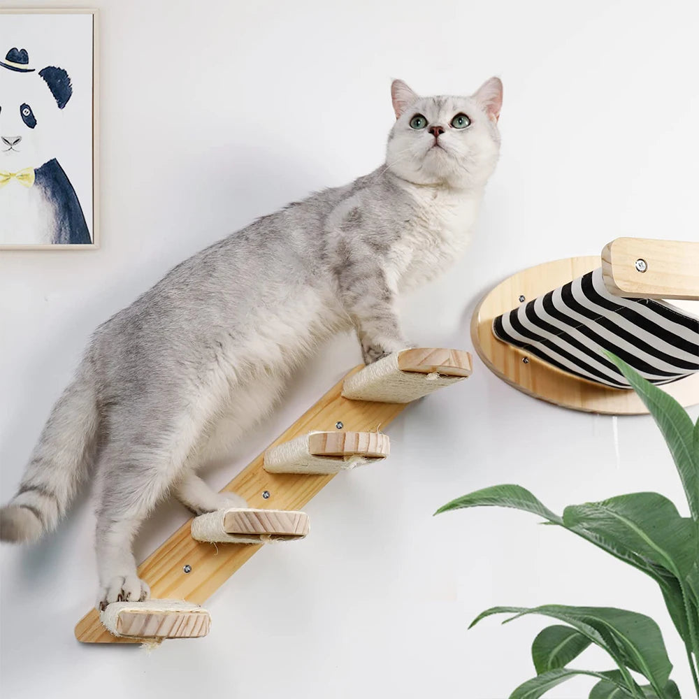 3Pcs Cat Hammock with Four Step Sisal Stairways or Scratching Posts Set Wall Mounted Wooden Cats Furniture Climbing Shelf Perch - Your Healthy Version