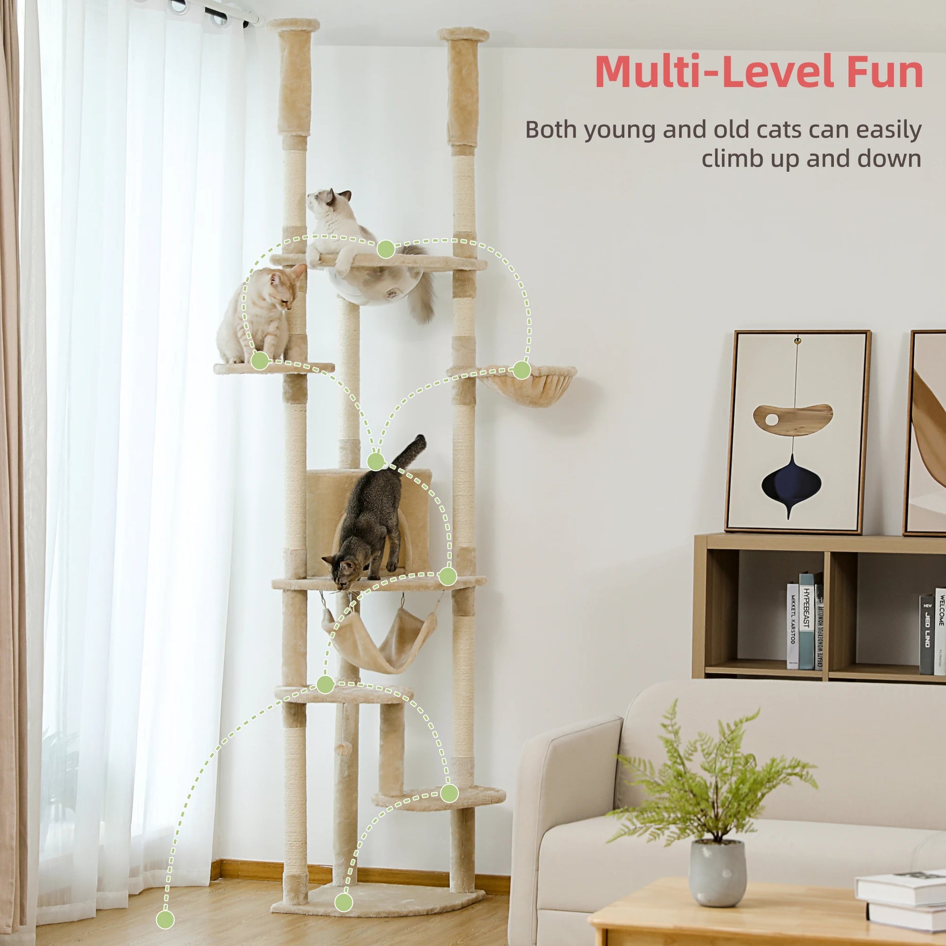 Floor to Ceiling Cat Tree Adjustable Cat Tower Tall Kitty Climbing Play House with Scratching Posts Cozy Condo Perches Hammock - Your Healthy Version