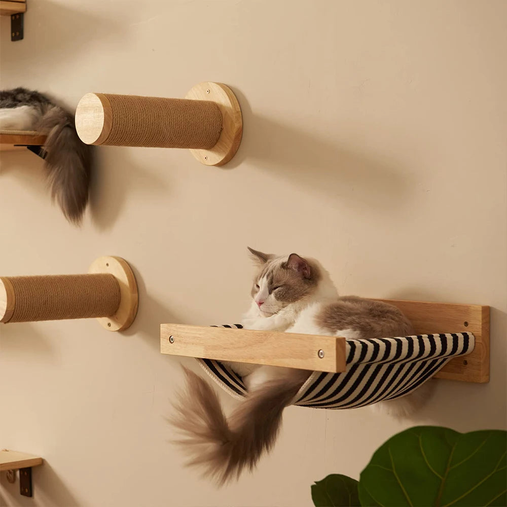 3Pcs Cat Hammock with Four Step Sisal Stairways or Scratching Posts Set Wall Mounted Wooden Cats Furniture Climbing Shelf Perch - Your Healthy Version