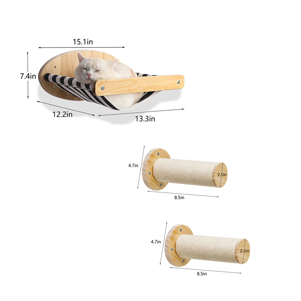 3Pcs Cat Hammock with Four Step Sisal Stairways or Scratching Posts Set Wall Mounted Wooden Cats Furniture Climbing Shelf Perch - Your Healthy Version