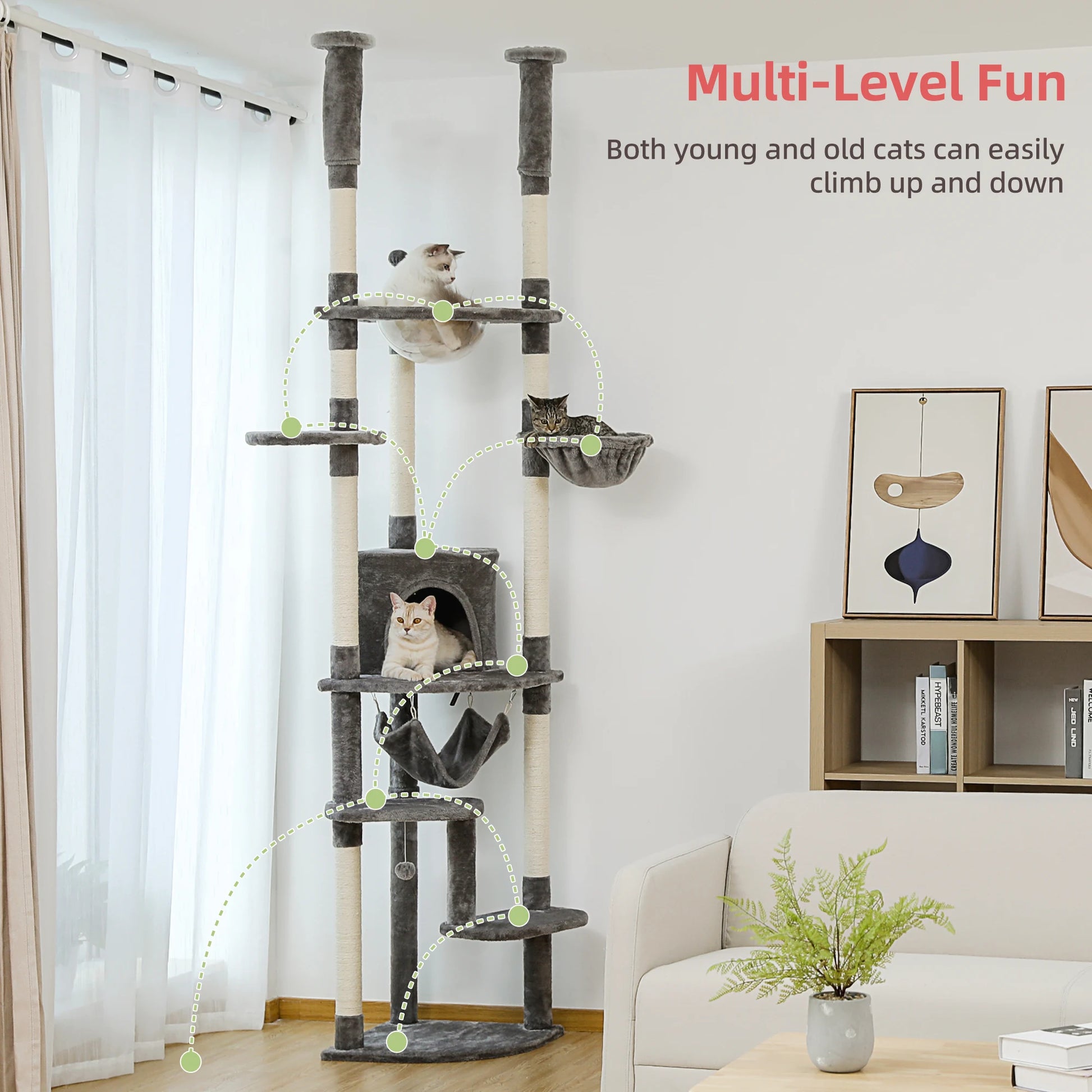 Floor to Ceiling Cat Tree Adjustable Cat Tower Tall Kitty Climbing Play House with Scratching Posts Cozy Condo Perches Hammock - Your Healthy Version