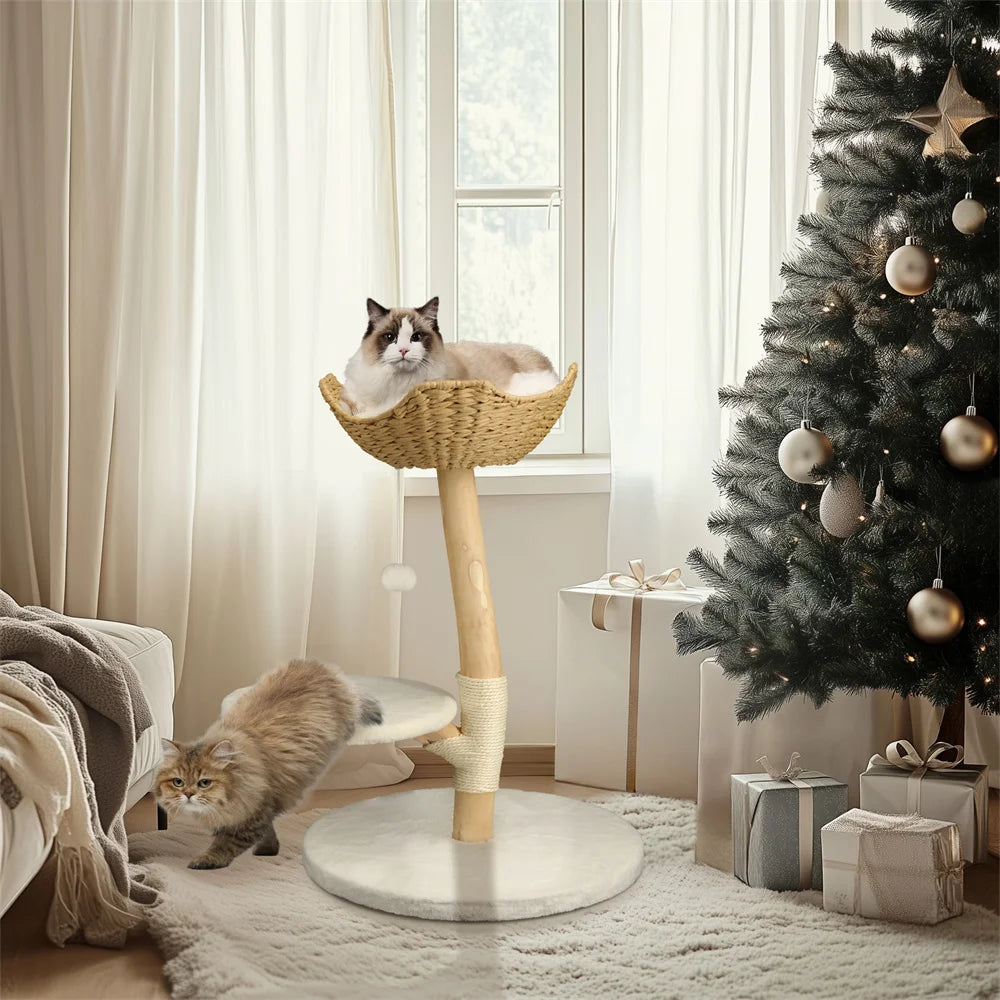 Heavy Duty Wooden Cat Tree Tower Scratching Post Branches Plush Cushion Perches Condo and Dangling Ball for Cats Play and Sleep - Your Healthy Version
