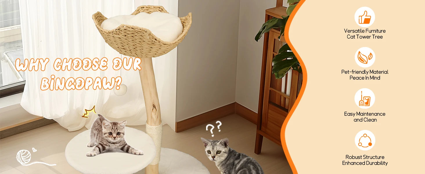 Heavy Duty Wooden Cat Tree Tower Scratching Post Branches Plush Cushion Perches Condo and Dangling Ball for Cats Play and Sleep - Your Healthy Version