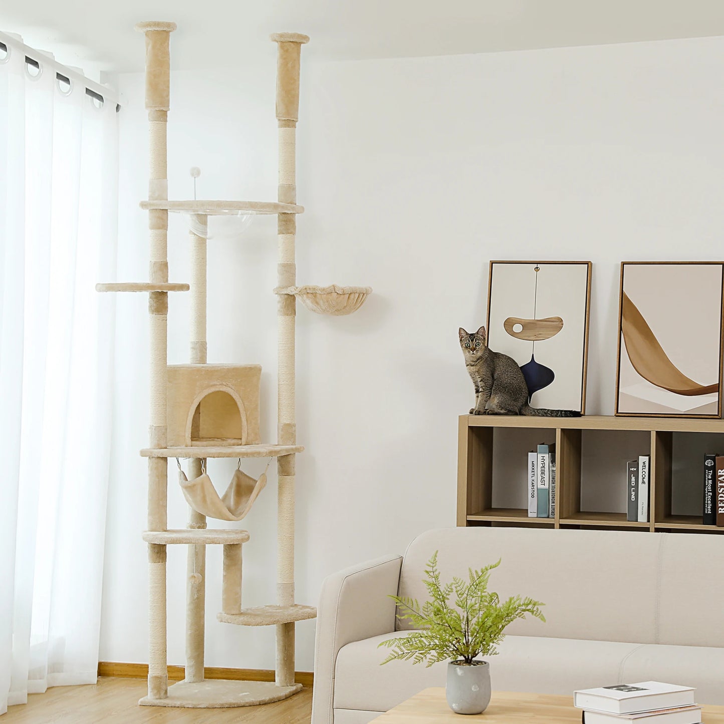 Floor to Ceiling Cat Tree Adjustable Cat Tower Tall Kitty Climbing Play House with Scratching Posts Cozy Condo Perches Hammock - Your Healthy Version