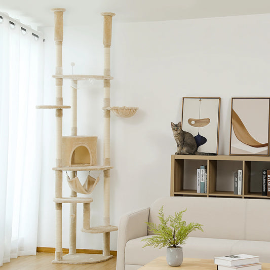 Floor to Ceiling Cat Tree Adjustable Cat Tower Tall Kitty Climbing Play House with Scratching Posts Cozy Condo Perches Hammock - Your Healthy Version