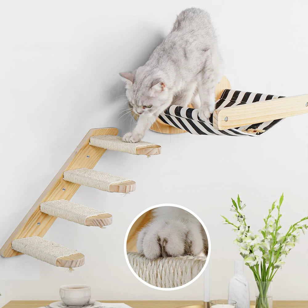 3Pcs Cat Hammock with Four Step Sisal Stairways or Scratching Posts Set Wall Mounted Wooden Cats Furniture Climbing Shelf Perch - Your Healthy Version