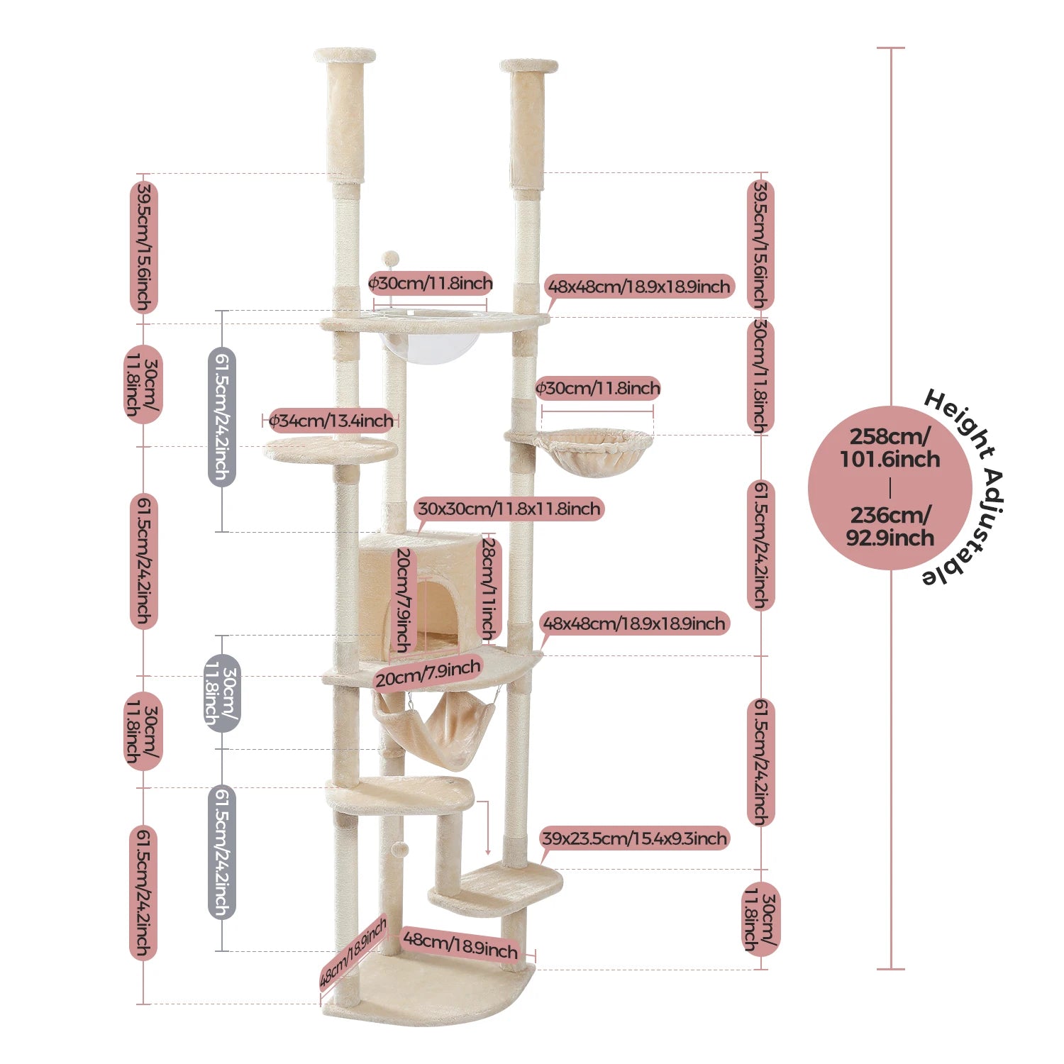Floor to Ceiling Cat Tree Adjustable Cat Tower Tall Kitty Climbing Play House with Scratching Posts Cozy Condo Perches Hammock - Your Healthy Version