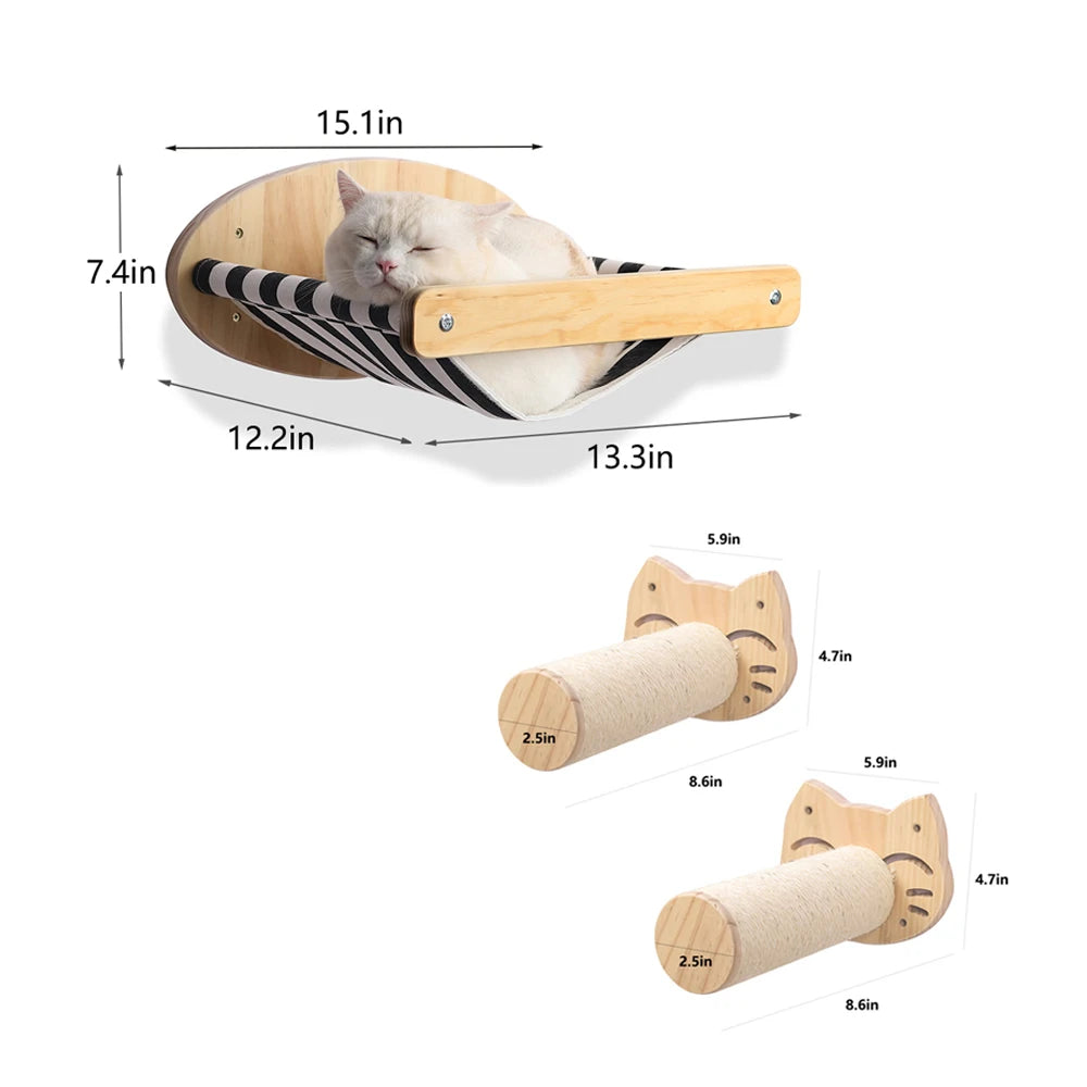 3Pcs Cat Hammock with Four Step Sisal Stairways or Scratching Posts Set Wall Mounted Wooden Cats Furniture Climbing Shelf Perch - Your Healthy Version