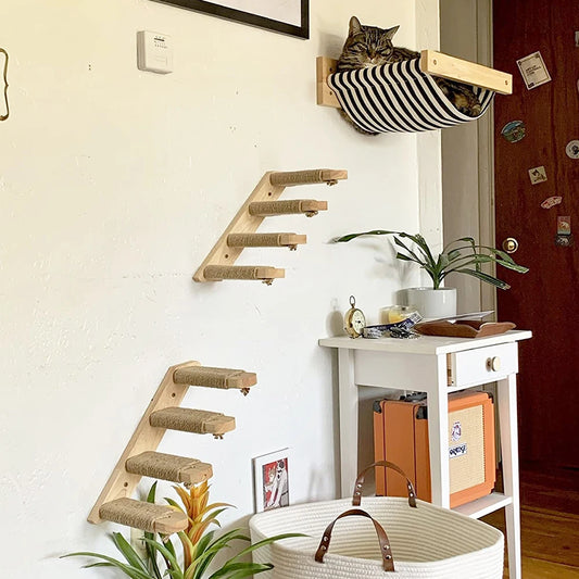 3Pcs Cat Hammock with Four Step Sisal Stairways or Scratching Posts Set Wall Mounted Wooden Cats Furniture Climbing Shelf Perch - Your Healthy Version