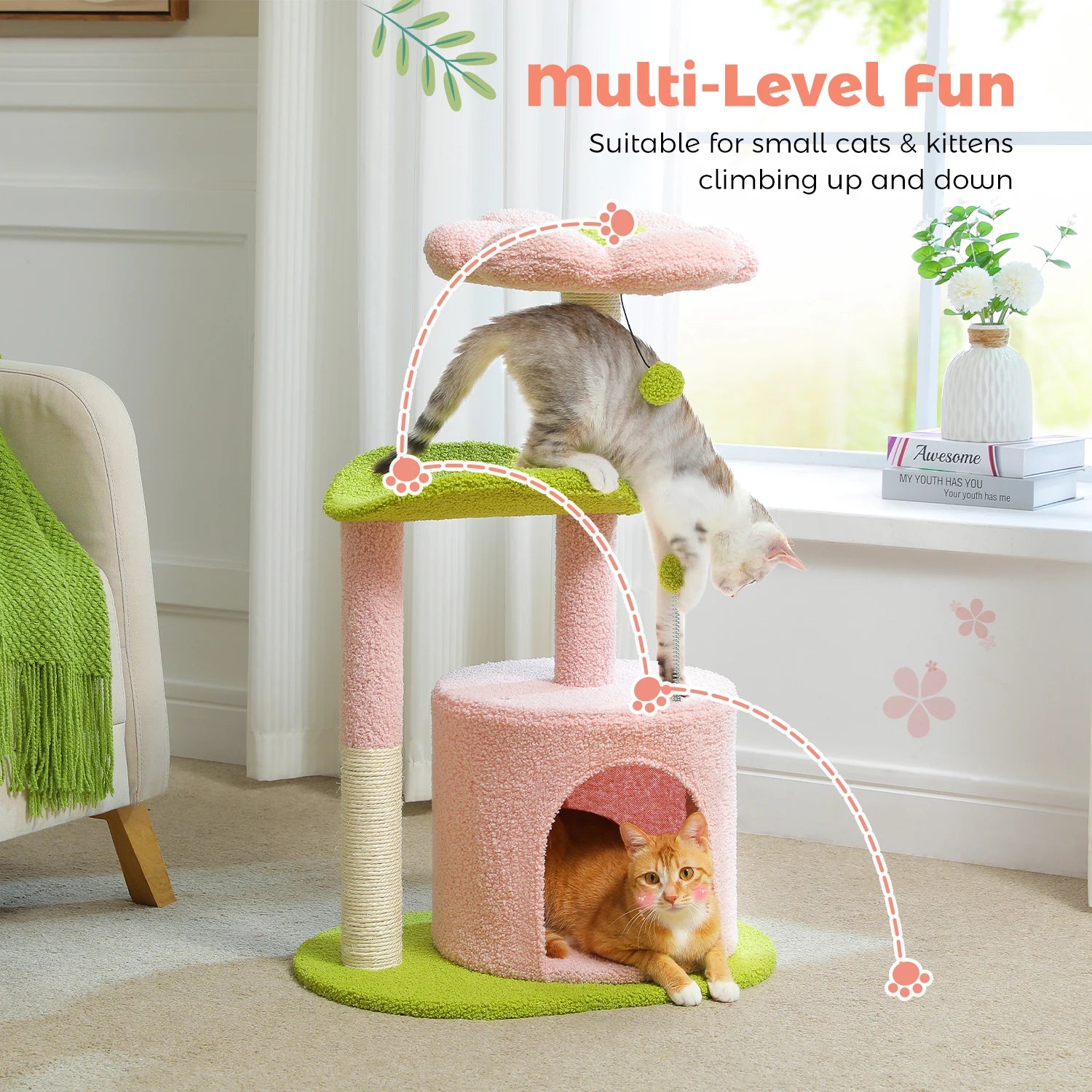 Flower Cat Tree with Natural Sisal Scratching Post, Cozy Cat Condo, Top Perch, Small Cat Tower for Small Indoor Cats, Pet Toys - Your Healthy Version