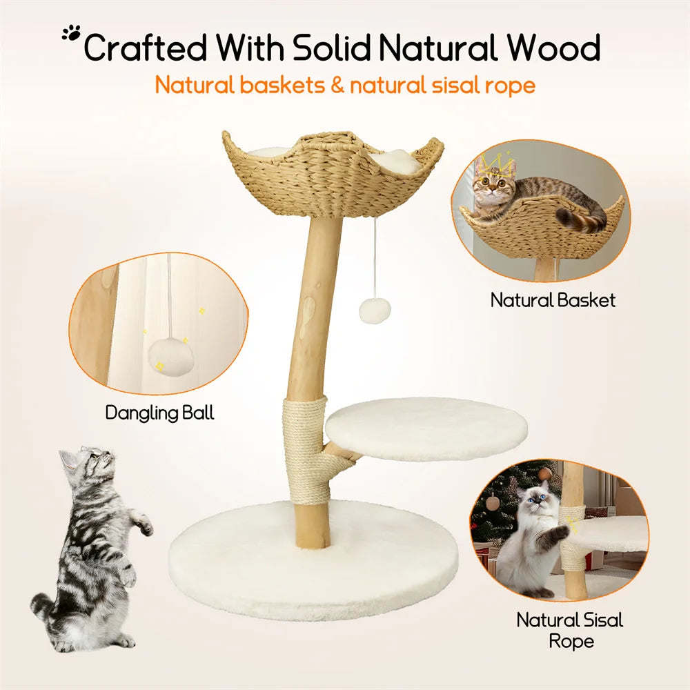 Heavy Duty Wooden Cat Tree Tower Scratching Post Branches Plush Cushion Perches Condo and Dangling Ball for Cats Play and Sleep - Your Healthy Version