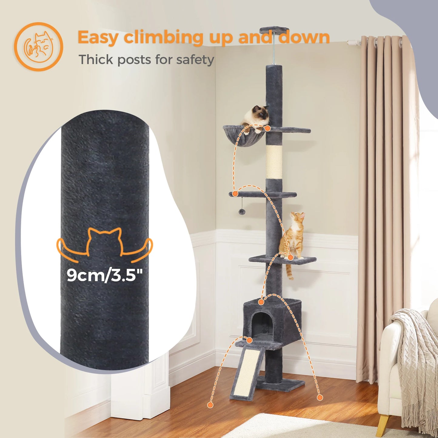 Adjustable 210-274CM Floor to Ceiling Cat Tree Tower 5 Tiers Climbing Tree for Indoor Cats with Condo Scratching Post Ladders - Your Healthy Version