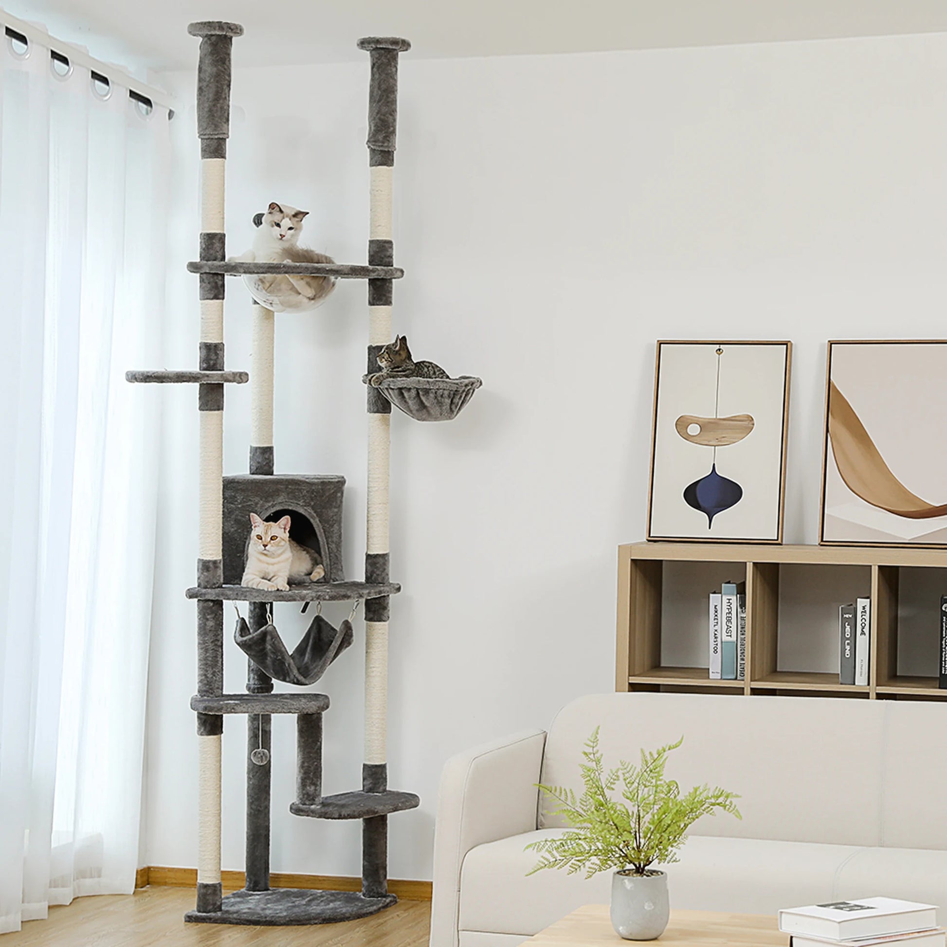 Floor to Ceiling Cat Tree Adjustable Cat Tower Tall Kitty Climbing Play House with Scratching Posts Cozy Condo Perches Hammock - Your Healthy Version