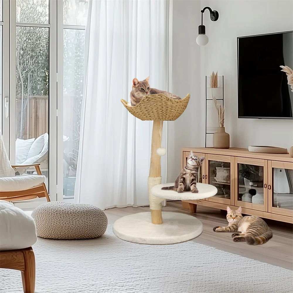 Heavy Duty Wooden Cat Tree Tower Scratching Post Branches Plush Cushion Perches Condo and Dangling Ball for Cats Play and Sleep - Your Healthy Version