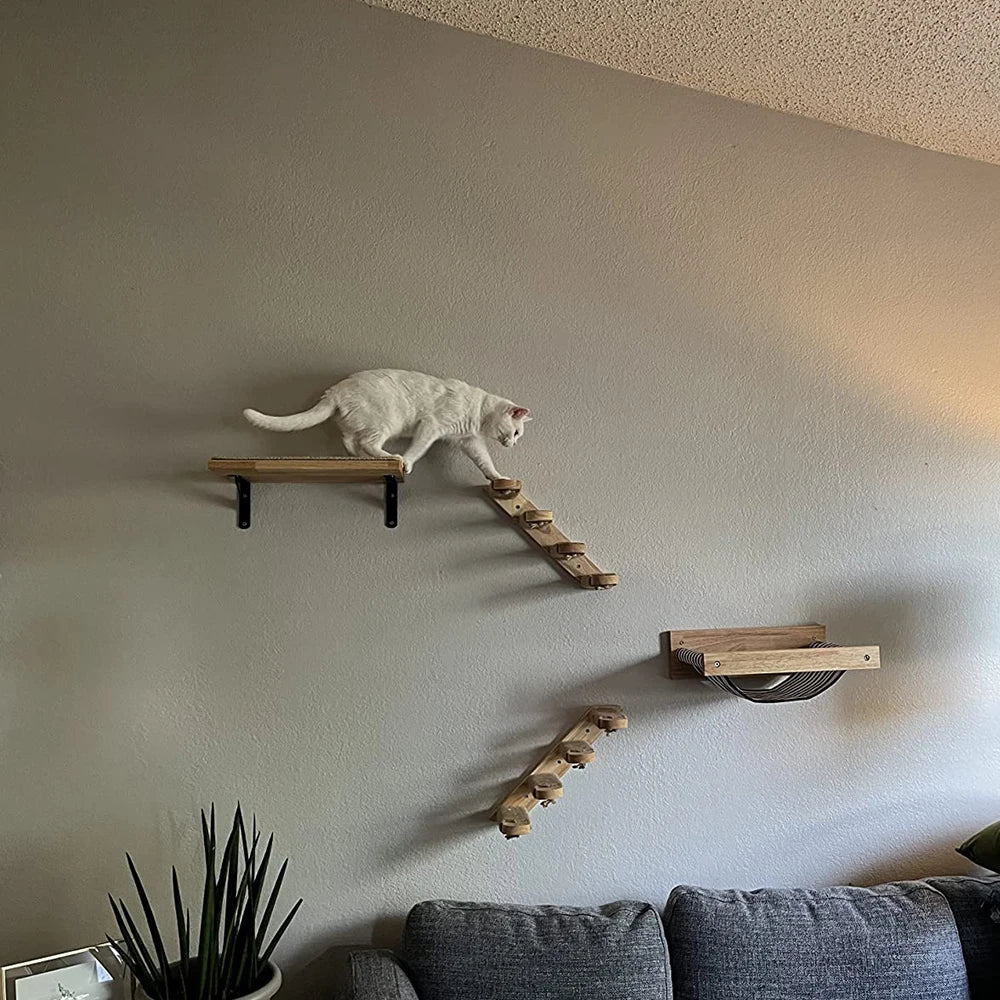 3Pcs Cat Hammock with Four Step Sisal Stairways or Scratching Posts Set Wall Mounted Wooden Cats Furniture Climbing Shelf Perch - Your Healthy Version