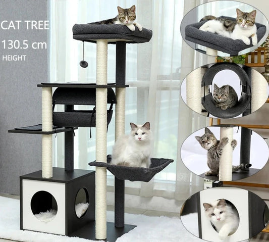 Height 130.5CM Modern Cat Tree Condo with Tunnel Scratching Posts for Cat Activity Multi-Level Tower Large Perch Hummock rascador gato - Your Healthy Version