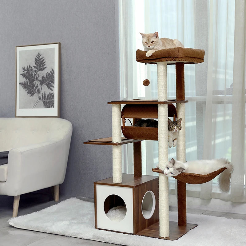 Height 130.5CM Modern Cat Tree Condo with Tunnel Scratching Posts for Cat Activity Multi-Level Tower Large Perch Hummock rascador gato - Your Healthy Version