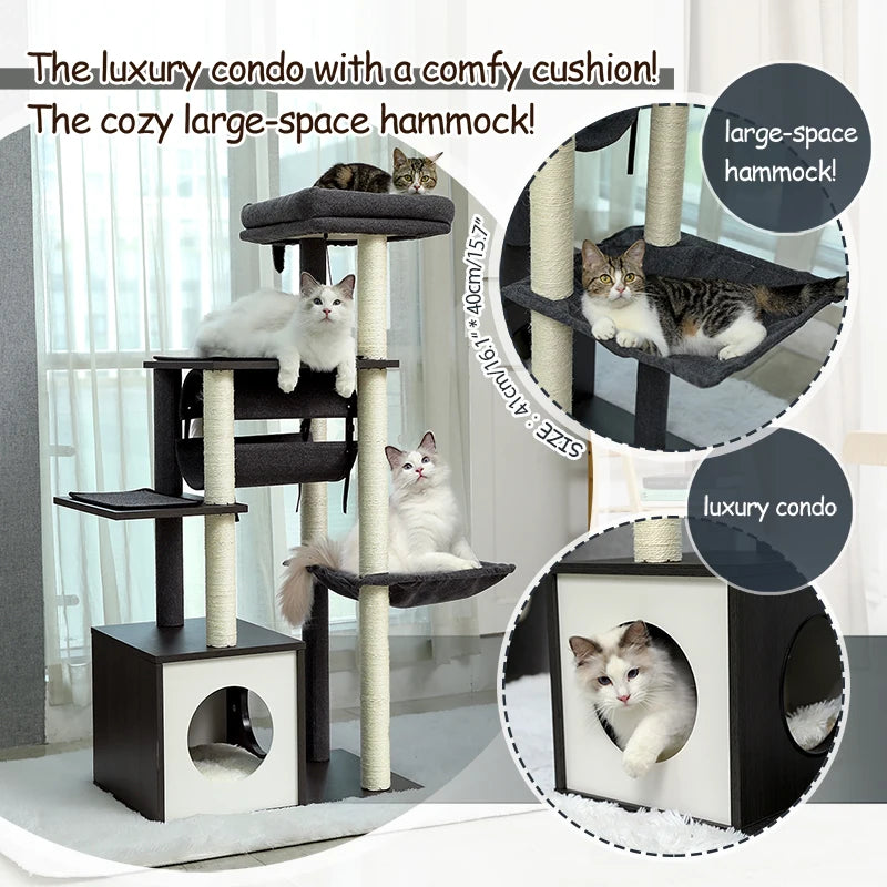 Height 130.5CM Modern Cat Tree Condo with Tunnel Scratching Posts for Cat Activity Multi-Level Tower Large Perch Hummock rascador gato - Your Healthy Version