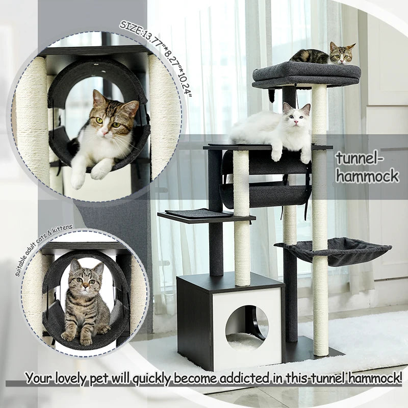 Height 130.5CM Modern Cat Tree Condo with Tunnel Scratching Posts for Cat Activity Multi-Level Tower Large Perch Hummock rascador gato - Your Healthy Version