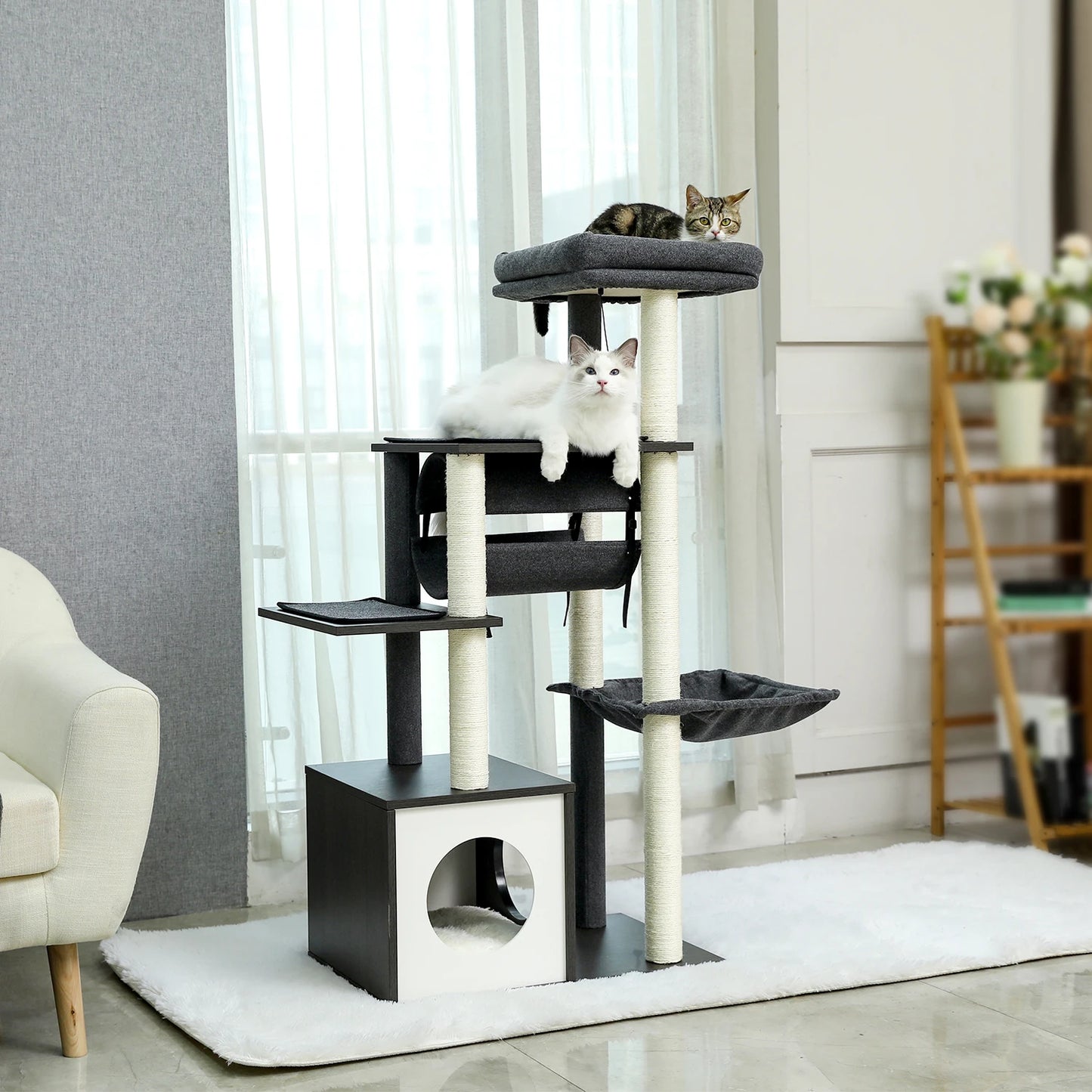 Height 130.5CM Modern Cat Tree Condo with Tunnel Scratching Posts for Cat Activity Multi-Level Tower Large Perch Hummock rascador gato - Your Healthy Version