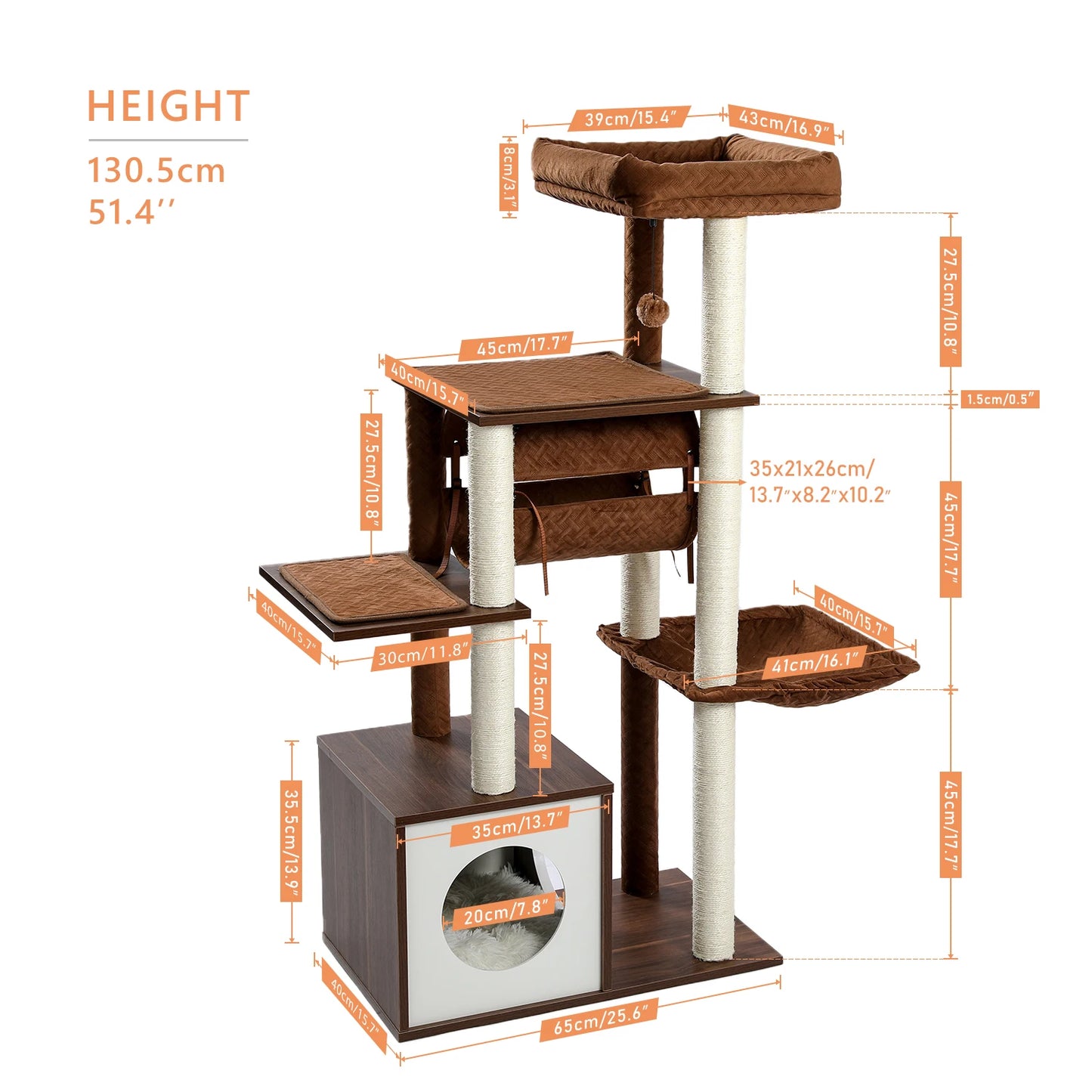 Height 130.5CM Modern Cat Tree Condo with Tunnel Scratching Posts for Cat Activity Multi-Level Tower Large Perch Hummock rascador gato - Your Healthy Version