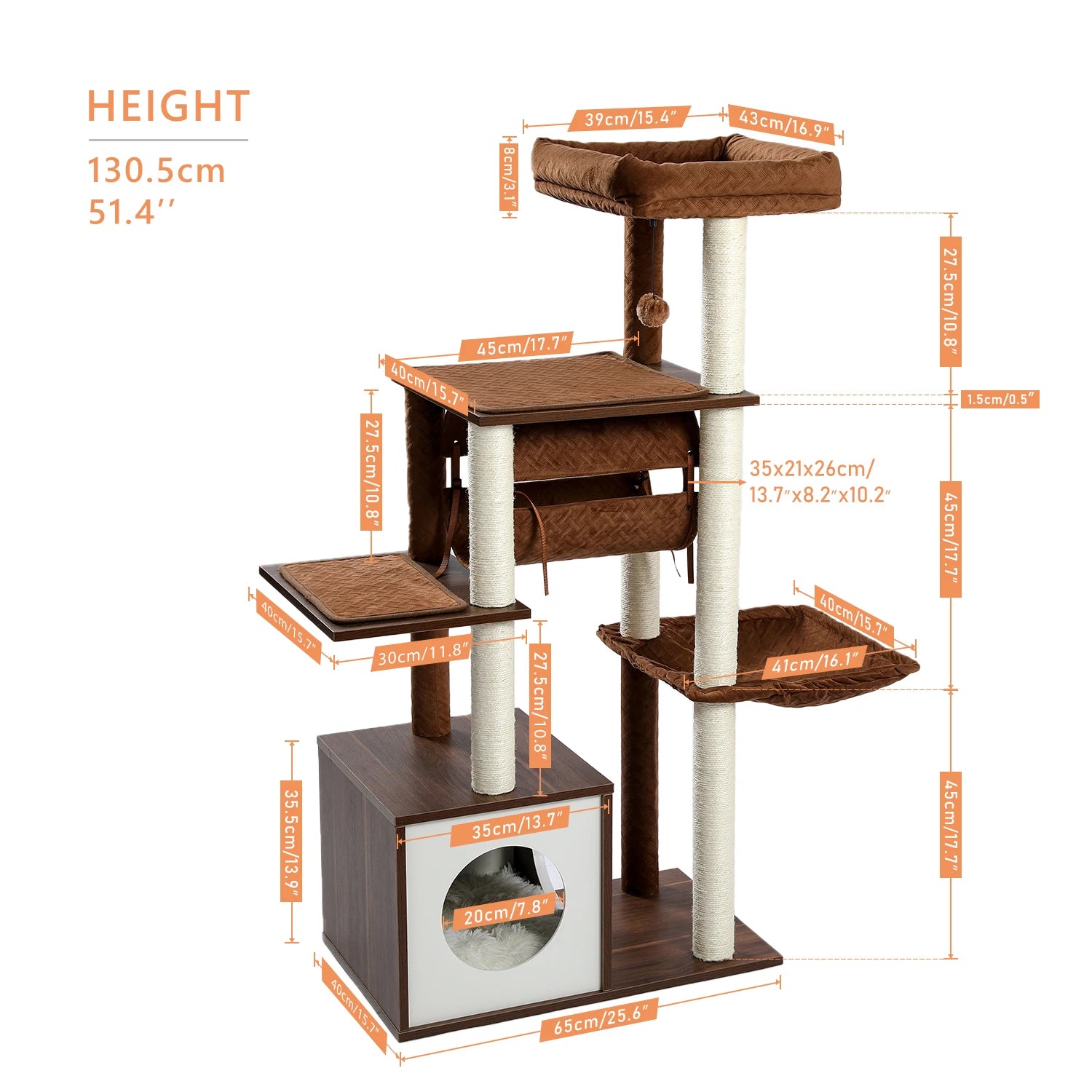 Height 130.5CM Modern Cat Tree Condo with Tunnel Scratching Posts for Cat Activity Multi-Level Tower Large Perch Hummock rascador gato - Your Healthy Version