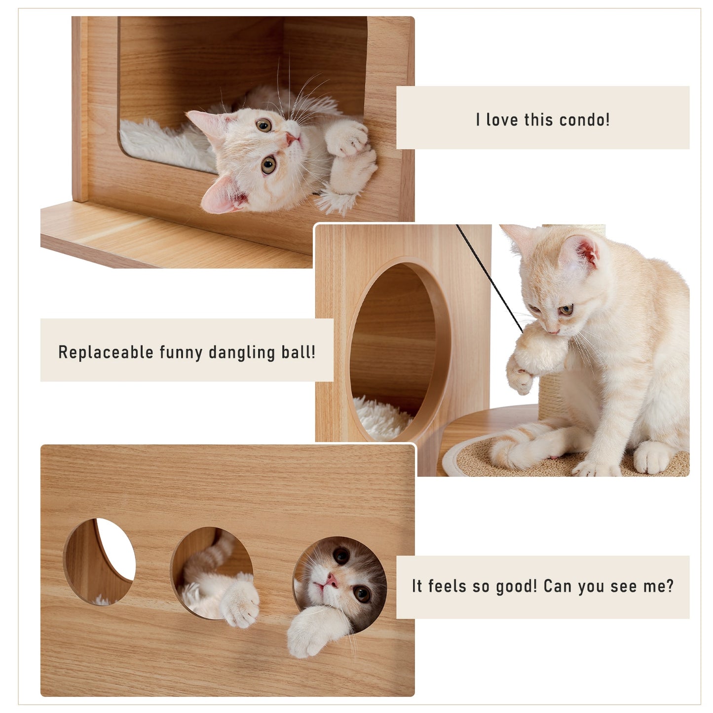 Modern Cat Tree Wooden Multi-Level Cat Scraper Tower Luxury Nest Cat Climbing Frame Cozy Condos Deeper Version Dangling Balls - Your Healthy Version