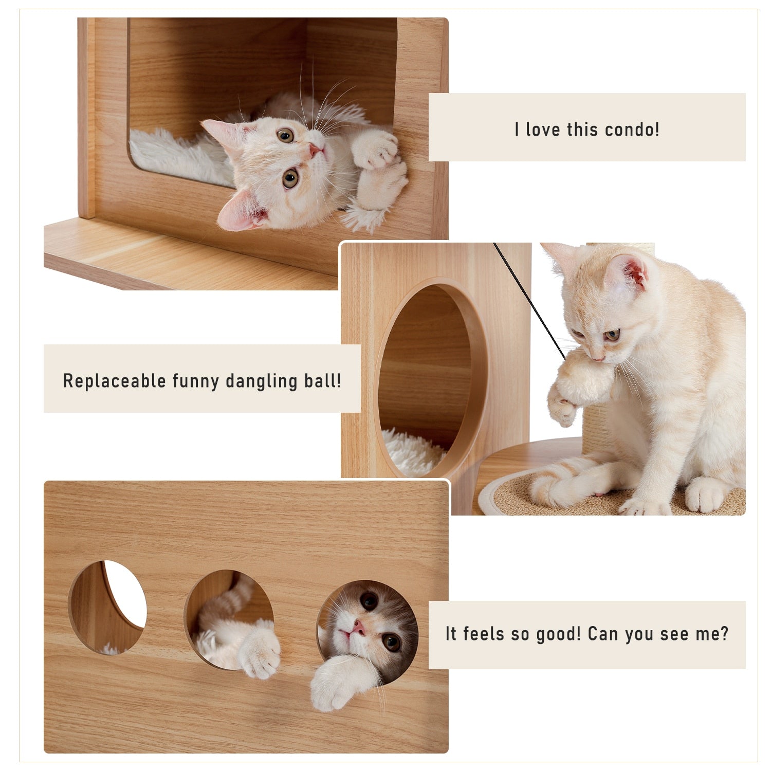 Modern Cat Tree Wooden Multi-Level Cat Scraper Tower Luxury Nest Cat Climbing Frame Cozy Condos Deeper Version Dangling Balls - Your Healthy Version