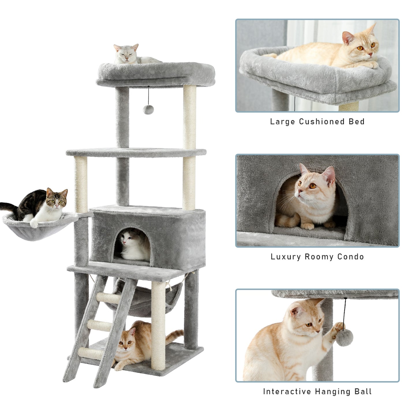 Cat Tree Tower Scratching Sisal Post Multi-Level Pet Climbing Tree with Hammock Bed Cat Ladder Extra Large Perch with Toy Ball - Your Healthy Version