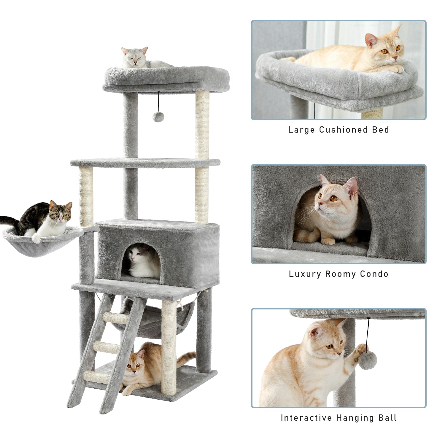 Cat Tree Tower Scratching Sisal Post Multi-Level Pet Climbing Tree with Hammock Bed Cat Ladder Extra Large Perch with Toy Ball - Your Healthy Version