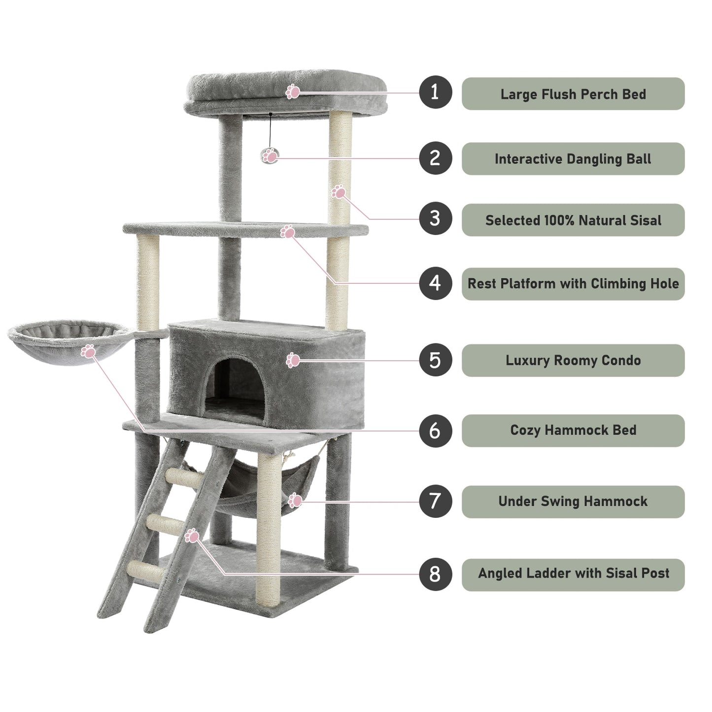Cat Tree Tower Scratching Sisal Post Multi-Level Pet Climbing Tree with Hammock Bed Cat Ladder Extra Large Perch with Toy Ball - Your Healthy Version