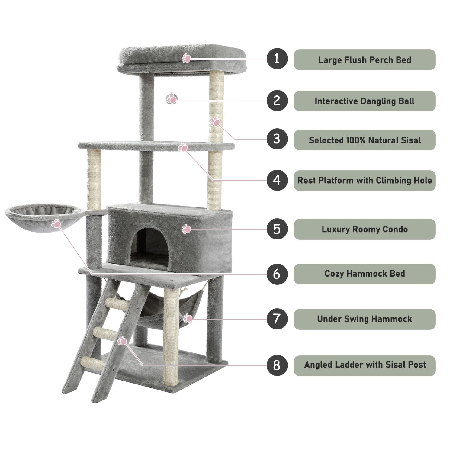 Cat Tree Tower Scratching Sisal Post Multi-Level Pet Climbing Tree with Hammock Bed Cat Ladder Extra Large Perch with Toy Ball - Your Healthy Version