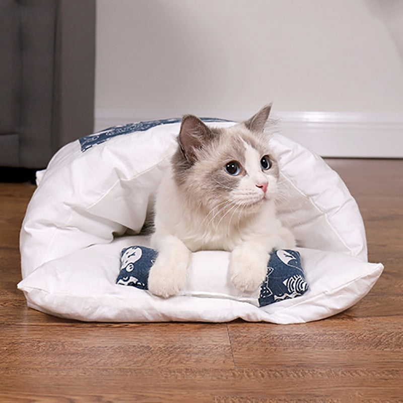Japanese Cat Bed Warm Cat Sleeping Bag Deep Sleep Cave Winter Removable Pet House Bed for Cats Dogs Nest Cushion with Pillow - Your Healthy Version