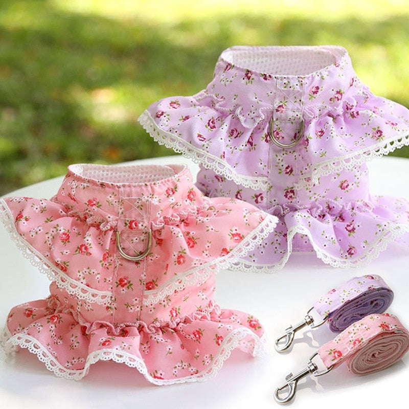 Dog Cat Harness Leash Set Adjustable Lace Floral Printed Pet Harness Vest Cute Dog Dress Pubby Mesh Harness Cat Walking Lead - Your Healthy Version