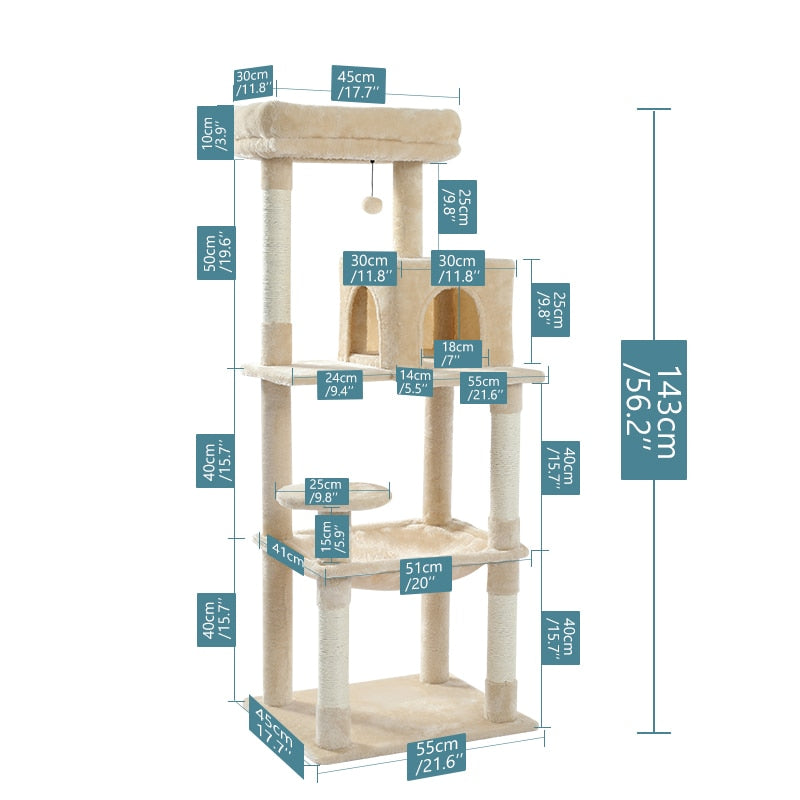 Cat Tree Tower Scratching Sisal Post Multi-Level Pet Climbing Tree with Hammock Bed Cat Ladder Extra Large Perch with Toy Ball - Your Healthy Version