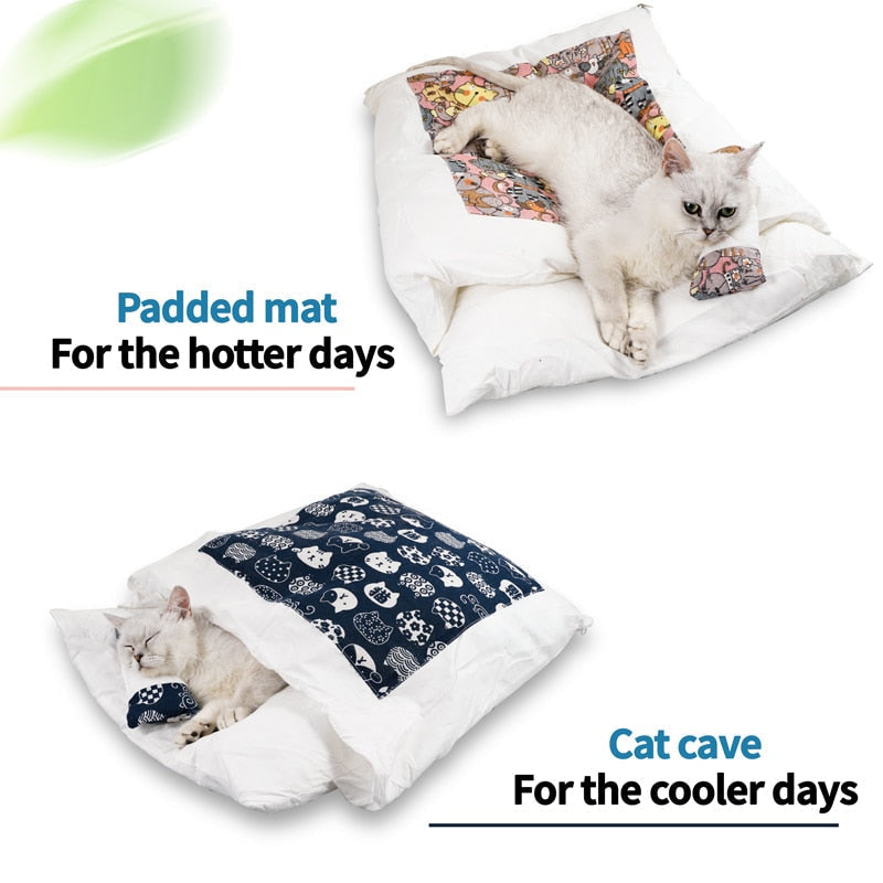 Japanese Cat Bed Warm Cat Sleeping Bag Deep Sleep Cave Winter Removable Pet House Bed for Cats Dogs Nest Cushion with Pillow - Your Healthy Version