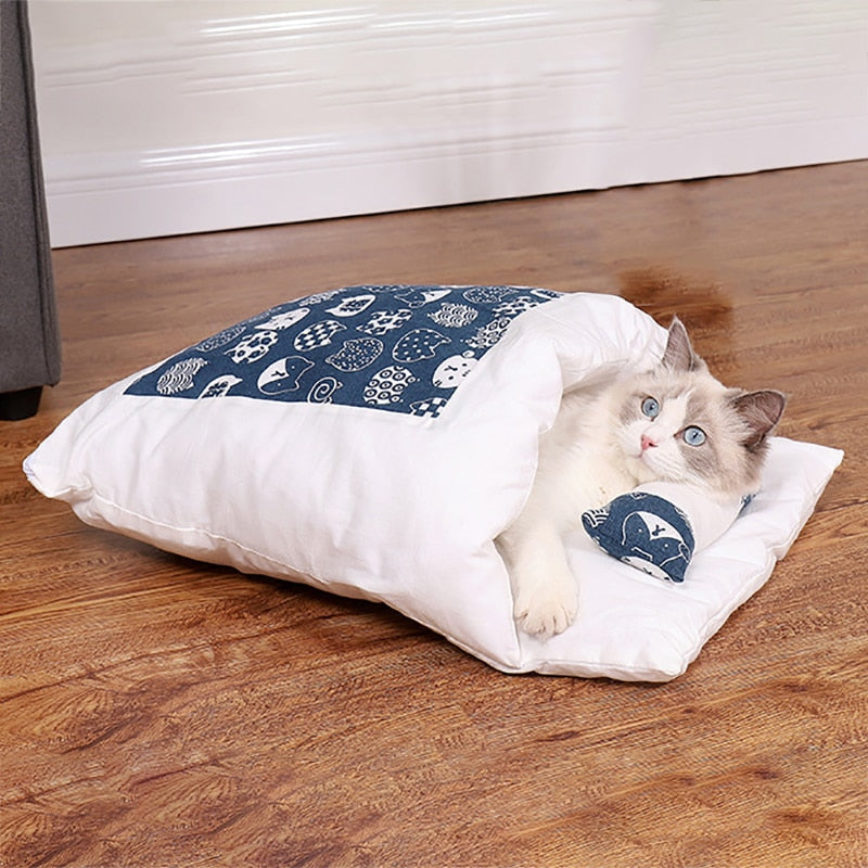 Japanese Cat Bed Warm Cat Sleeping Bag Deep Sleep Cave Winter Removable Pet House Bed for Cats Dogs Nest Cushion with Pillow - Your Healthy Version